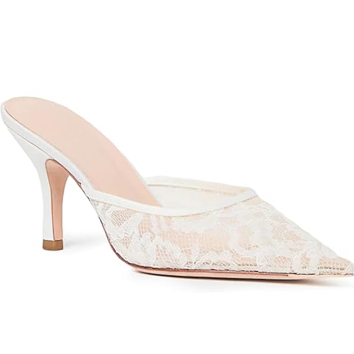 Women's Pointed Kitten Heel Black Lace Heels Mesh Mules Closed Slip Backless Dress Pumps Shoes