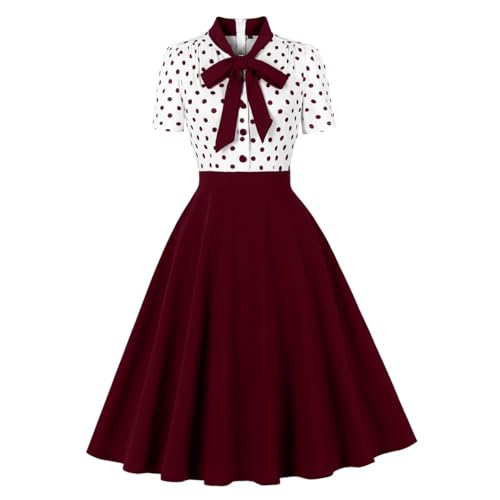 Wellwits Womens Tie Neck Polka Dots 1950s Vintage Cocktail Dress Wine Red M