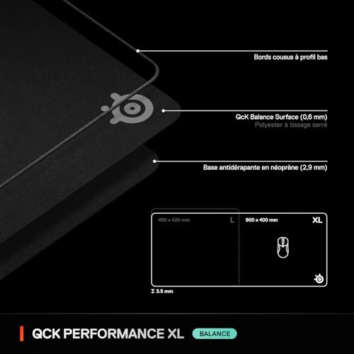 SteelSeries tapis de souris gaming QcK XL Performance Balance - Densité élevée pour une glisse fluide - Bords cousus à profil bas - Base antidérapante en néoprène - Taille 900 x 400 mm -FPS, MOBAs,RTS