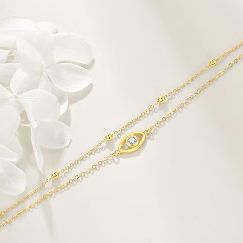 Image of POPLYKE 925 Sterling Silver Double Layered Chain Evil Eye Daisy Sunflower Butterfly Anklets for Women Holiday Beach Crystal Ankle Bracelet Dainty Evil Eye Jewelry