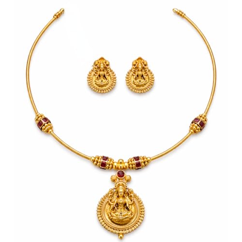 Gold Plated Temple Necklace Set for Women | Lakshmi Pendant Jewellery Set with Earrings | Traditional South Indian Short Necklace | Bridal Wedding Par