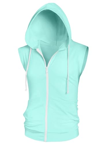 Lars Amadeus Sleeveless Hoodie for Men's Zipper Drawstring Hooded Sweatshirt Vest Mint S