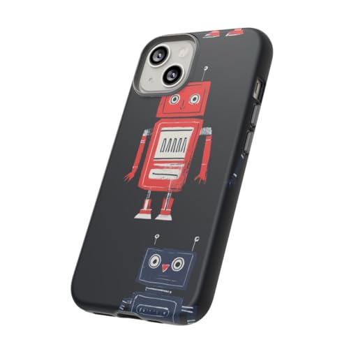 Coque iPhone 14 robot rétro rigide mate rouge bleu pour smartphone