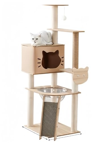 JoyeeLii キャットタワー 猫タワー 透明宇宙船 爪とぎ 展望台 多頭飼い 階段付き 運動不足解消 猫ハウス おしゃれ 耐久性が強い (コーヒー色,N2)