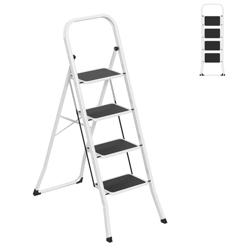 YRHome Escalera plegable de 4 peldaños con pasamanos, escalera de cocina plegable, escalera de pie, escalera de mano – Estable, peldaños extra anchos, fácil de plegar, máx. 150 kg para el hogar y la
