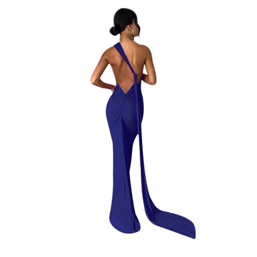 Image of Suillty Women's Sexy Oblique Shoulder Backless Maxi Dress Ruched Back Strap Sleeveless Party Club Long Dresses Bodycon