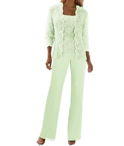 Image of 3 Pieces Chiffon Lace Mother of The Bride Pant Suits with Jackets Sequins Wedding Guest Dresses for Women