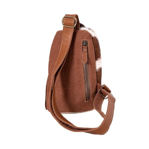 Myra Bag Sling Bag for Women - Western Upcycled Canvas Hairon Leather Crossbody - Caramel & White3