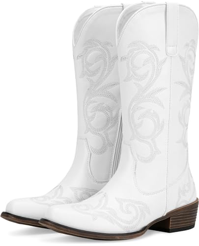 Jeossy Women's White Cowboy Boots Wide Calf Mid Calf Western Cowgirl Embroidered Low Chunky Heel Side Zipper Round Toe Botas Vaqueras Walk Country Concert Size 08, (DJY9808 White 08)