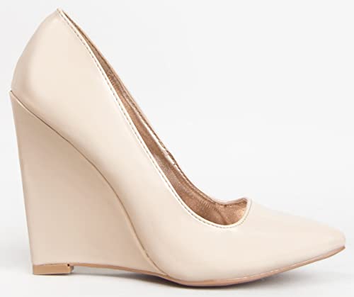 Qupid Meester-01 Single Sole Pointy Toe Wedge Heel Pump, Nude Patent Pu, 8.5 #TOP1