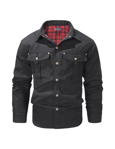 Image of Haellun Men's Flannel Lined Shacket Long Sleeve Plaid Western Cowboy Snap Button Down Shirts Jackets with Pockets