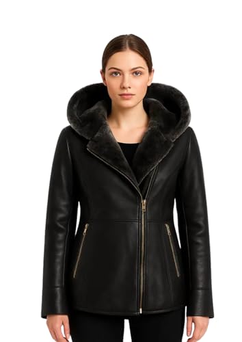 Leather Verse Damen B3 Fliegende Kapuze Mantel Echt Lammfell Schwarz Kunstfell Hoodie Jacke Outwear, Schwarz , XXL
