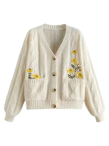 Women's Plus Size Floral Embroidered Cardigan Sweater Button Down Long Sleeve Knit Outerwear with Pockets