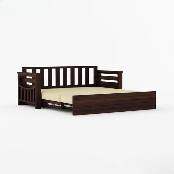Image of Sheesham Wooden Sofa Cum Bed for Living Room with Side Pocket Storage - 3 Seater Sofa Cum Bed with Storage - 3 Person Sofa Cuma Bed Wooden with Premium Cushion Seating (Walnut Finish)