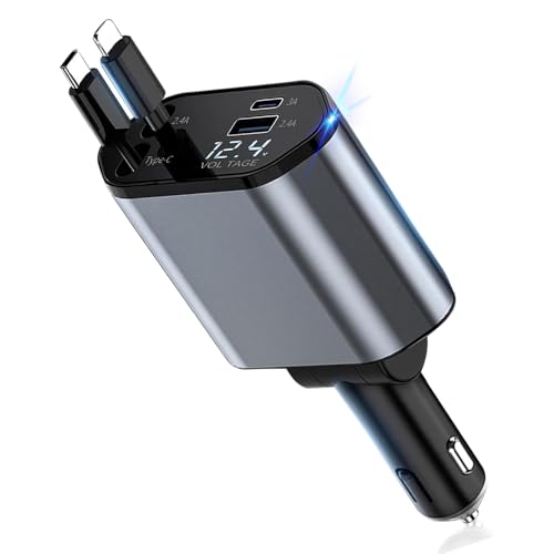 一木良品【2025年4月改良・4台同時利用!車用急速充電器】 シガーソケット 4in1 車用 自動巻き取り式 180度角度調整可能 LEDデジタル表示 急速充電 全車種対応 全スマホ対応 iPhone Android usb カーチャージャー 車載用 Ty