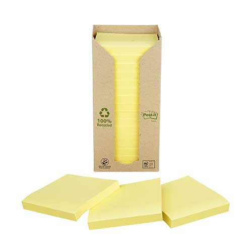 Post-it Recycled Notes - Canary Yellow - Tower Pack of 16 Pads 100 Sheets Per Pad - 76 mm x 76 mm