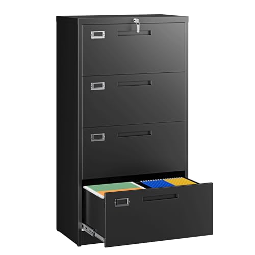 Image of Letaya 4 Drawer File Cabinets with Lock,Metal Lateral Filing Storage Cabinet Printer Stand,Black Steel Home Office Cabinet for Hanging Files Letter /Legal /A4 Size (Black, H51.73xW28.35xD15.74)