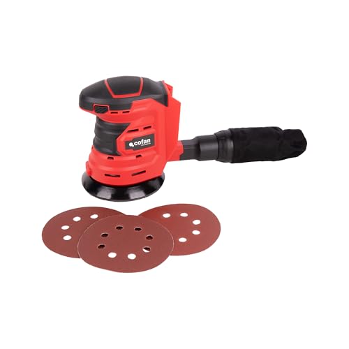 Cofan Lijadora orbital a batería | 10.000 rpm | Sistema de fijación por velcro | Incluye bolsa recogepolvo y 3 hojas de lija | Cargador y batería NO INCLUIDOS