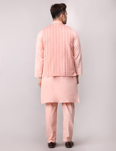 Image of Men's Cotton Silk Blend Regular Kurta Pyjama, Embroidered Nehru Jacket /Waistcoat Set