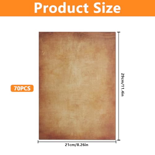 70 Blatt Vintage Briefpapier Vintage Papier, Altes Papier DIN A4, Urkundenpapier A4 Bedruckbar, Ähnlich wie Pergamentpapier zum Bedrucken, für Einladungen Briefe Bastelpapier(Dunkelgelb)