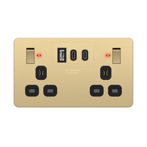 LIDER 2-Gang Switched 13A Socket with USB TYPE C & A Ports LED Power Indicator Always-On USB Ports 25W Combined Output Child Safe UKCA Certified Gold (Use a 35mm-deep back box)