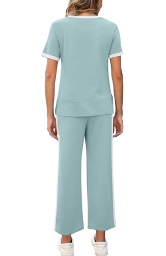 Image of XIEERDUO Women's 2 Piece Outfits Summer Lounge Sets Side Slit Loungewear | Short Sleeve Top Matching Wide Leg Capri Pants