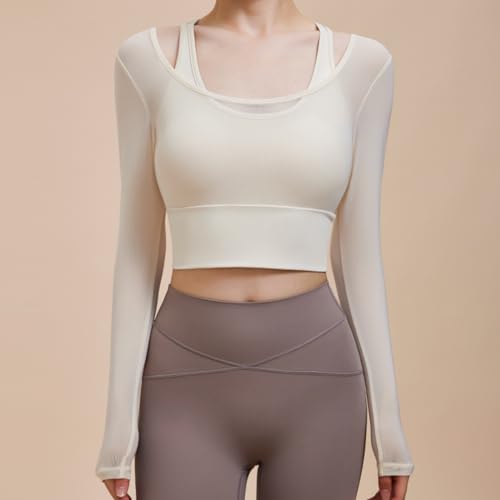 Harssidanzar Women's 2 in 1 Yoga Long Sleeve Mesh Gym Athletic Tops Workout Shirts with Medium Support Sports Bra CL301US3