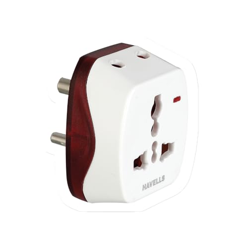 Image of Havells 3 Pin Universal Heavy Duty Nickel Plated Brass Adaptor, Rated with 6A, 240 V AC, LED Indicator for Visibility of ON /Off Status, Flame Retardant and UV Stabilized for Safety Assurance (White)