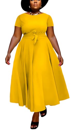Image of BFFBABY Plus Size Dress A Line Dresses for Women Summer Long Dresses with Sleeve Casual Belted