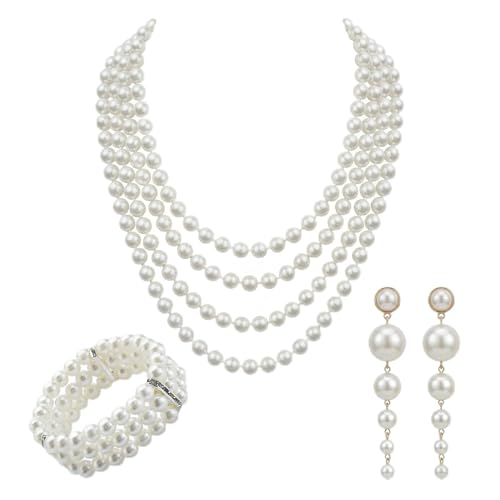 UJBVCX 3 brincos de pérolas pulseira, jogo pérolas os anos 20, pérola elástica colar pérola 1920 roupas e acessórios conjunto jóias para festas bailes de graduação casamentos festivais
