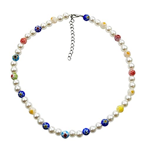 Collier perles fleurs transparentes et chaîne métal style coréen pour fête