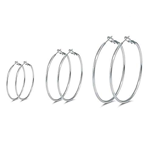 3 Pairs Sterling Silver Hoop Earrings - 14k White Gold Plated Hoop Earrings Big Hoop Earrings Set Silver Hoop Earrings for Women Girls (40MM 50MM 60MM)