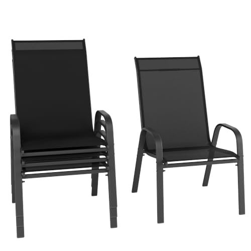 Image of Betterhood Patio Chairs Set of 4, Stackable Outdoor Dining Chairs Set with Breathable Seat Fabric, All-Weather Powder-Coated Metal Frame for Pool Side, Backyard, 350LBS Capacity (Black, Set of 4)