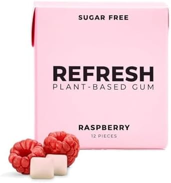 Refresh Gum, Natural, Xylitol, Sugar Free, Aspartame Free, Plastic Free, Organic Ingredients, Raspberry, 12 Pcs, 6 Pack