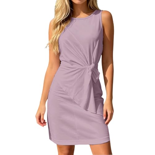 Bauzuoyo Vestidos de noche elegantes para bodas, vestido midi para invitadas de boda, vestido de graduación, cuello redondo, sin mangas, sexy, monocolor, línea A, vestido de fiesta, vestido de fiesta