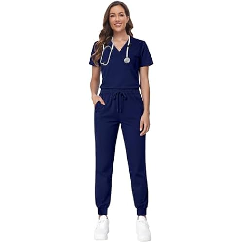 VIAOLI Women’s Scrub Set Jogger Style – V-Neck Top & Scrub Pants Medical Uniform