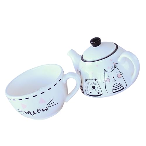 Juego de tetera y taza de cerámica apilable con forma de gato 2