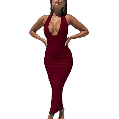Ekaliy Women's Sexy V Neck Halter Knee Backless Party Bodycon Bandage Maxi Dress, Red, Large Cover