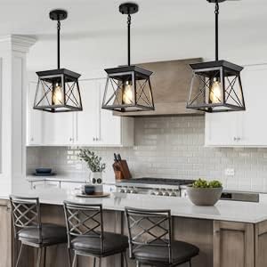 farmhouse pendant light fixture kitchen island lighting industrial metal ceiling hanging farmhouse chandeliers for dinning room living room (black)