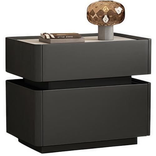 Mesita de Noche de Cuero con Sensor de luz, mesita de Noche de Madera Maciza con 2 Compartimentos, encimera de Pizarra, mesitas de Noche Modernas para Dormitorio y Sala de Estar (Gris Oscuro