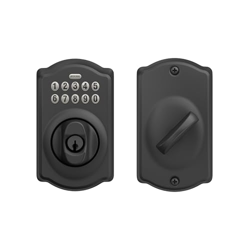 Image of Schlage Camelot Electronic Keypad Deadbolt Lock, Keyless Front Door Entry, Mechanical Key Backup Included, Matte Black, BE365 CAM 622