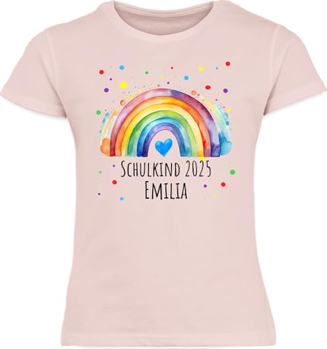 T-Shirt Mädchen - Einschulung - Schulkind 2025 Regenbogen mit Name - 128...