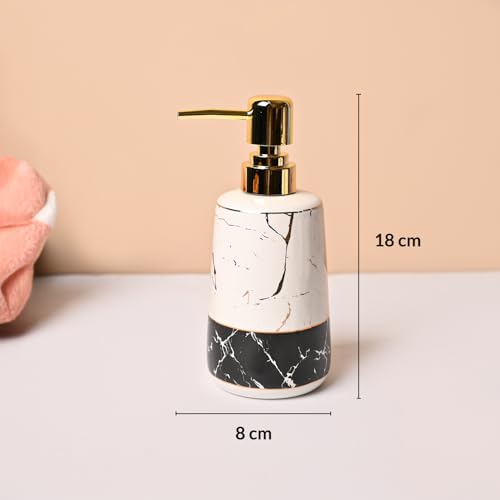 Image of Market99 Ceramic Bathroom Set Glossy White and Black with Sophisticated Marble Finish Design, Includes Soap Dispenser, Tumbler, Toothbrush Holder, and Soap Dish for Coordinated Bathroom Style, 300ML