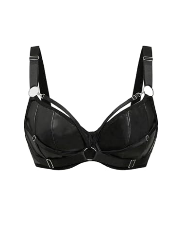 OYOANGLE Women's PU Leather Underwire Bras Ring Linked Gothic Punk Bralette Party Clubwear Black Large