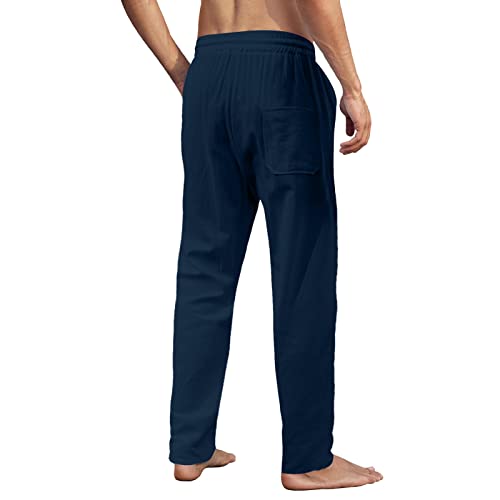 Morwenveo Men's Linen Pants Casual Long Pants - Loose Lightweight Drawstring Yoga Beach Trousers Casual Trousers - 6 Colors Navy #TOP3