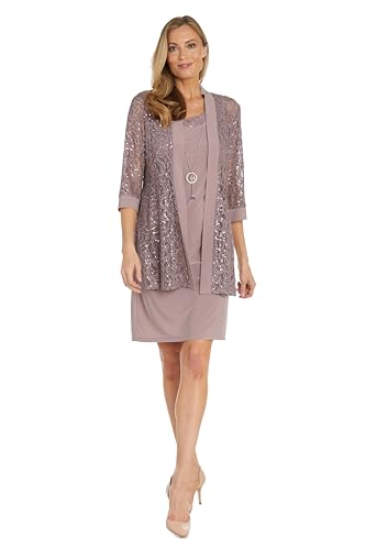 Image of R&M Richards Women's Embellished Sequin Lace Jacket and Shift Dress with Necklace for Mother of the Bride & Cocktail Party