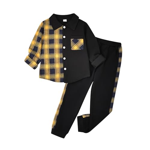 Image of Boy Clothes Fall Winter Outfits Long Sleeve Plaid Patchwork Button Down Shirt + Casual Pocket Sweatpants 5-14 Years