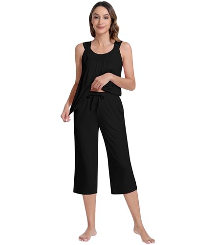 Image of NACHILA Pajamas for Women-Viscose Made from Bamboo, Sleeveless Pjs Top and Capri Pants Pajama Set Cool Pleated Sleepwear