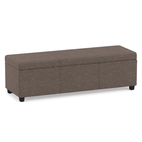 Image of SIMPLIHOME Avalon 54 inch Wide Linen Look Fabric Storage Ottoman in Fawn Brown