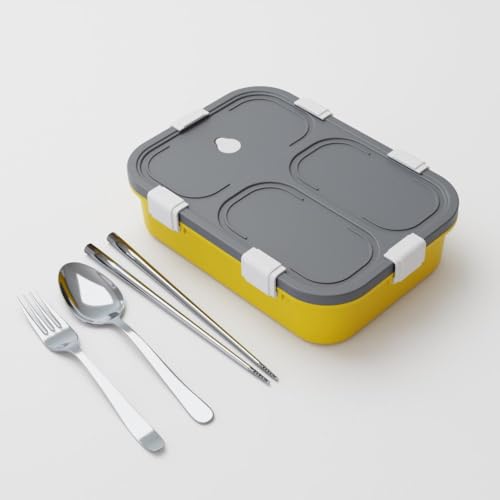 Image of Clazkit 3 Compartment Plastic Lunch Box | Food Container with Cutlery for Office & School Use - Yellow